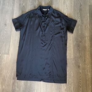 Athleta Womens Shift Dress Small Black 100% Silk popover Short Sleeve Collared